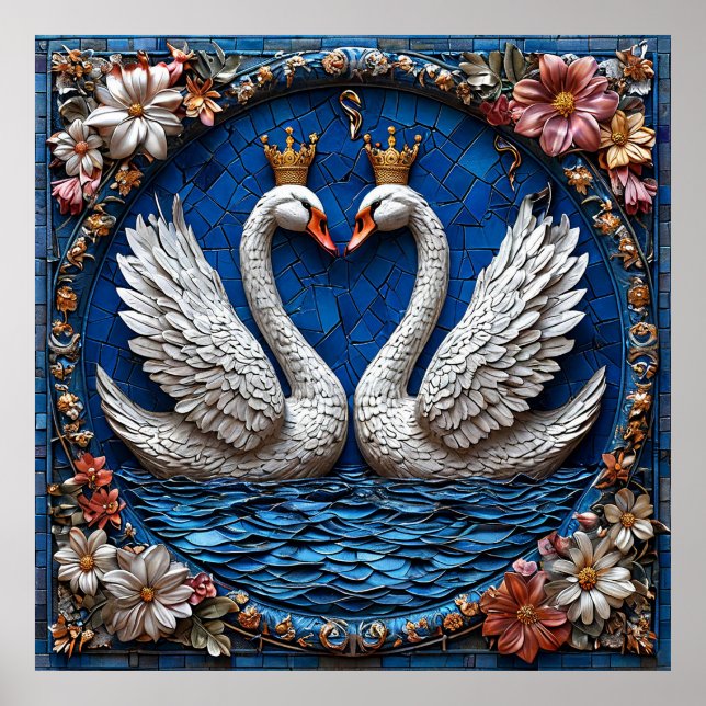Affiche Deux cygnes élégants avec couronnes (Devant)