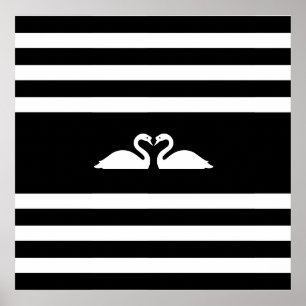 Affiche Deux cygnes élégants modernes sur fond rayé noir e