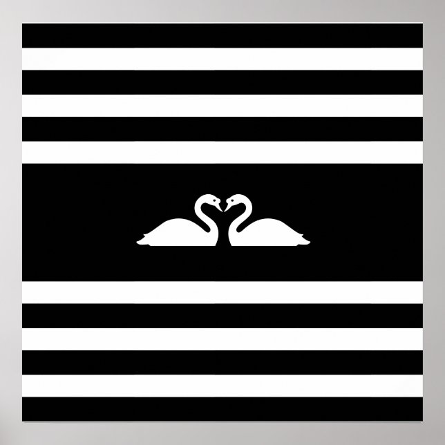 Affiche Deux cygnes élégants modernes sur fond rayé noir e (Devant)