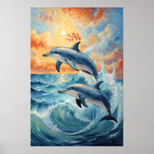 Affiche Deux dauphins de saut artistique Coucher de soleil