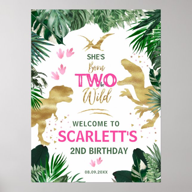 Affiche Deux dinosaures roses sauvages2e fête d'anniversai (Devant)