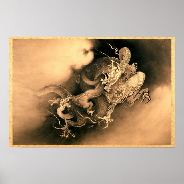 Affiche Deux dragons dans les nuages (1885) par Kanō Hōgai (Devant)