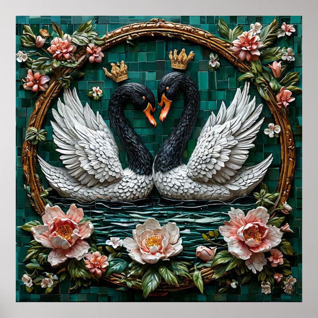 Affiche Deux Élégants Cygnes Aux Couronnes (Devant)
