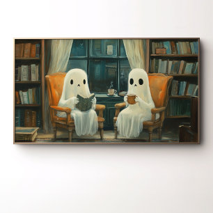 Affiche Deux fantômes confortables lisant dans une bibliot