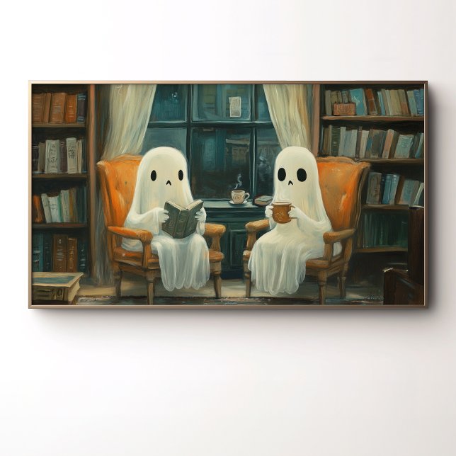 Affiche Deux fantômes confortables lisant dans une bibliot (Créateur téléchargé)