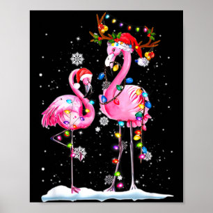 Affiche Deux flamants avec chapeau de Père Noël et lumière