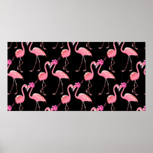 Affiche Deux flamants roses sur un arrière - plan noir. In