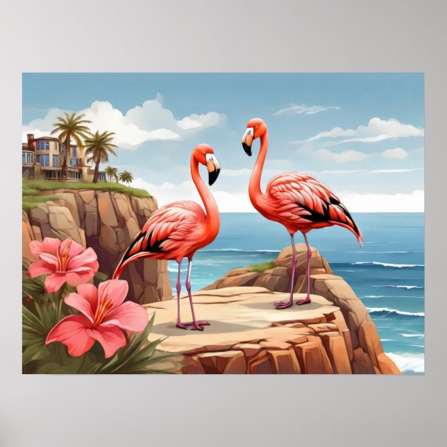 Affiche Deux flamants roses sur une falaise (Devant)