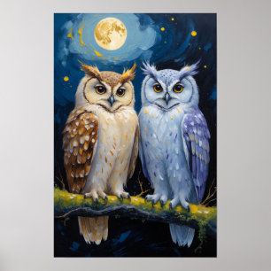 Affiche Deux hiboux sous la nuit au clair de lune, peintur