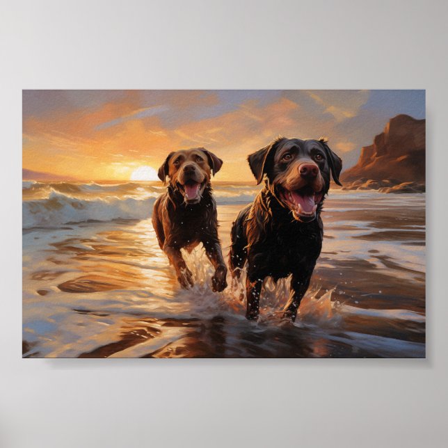 Affiche Deux Labradors sur la plage (Devant)