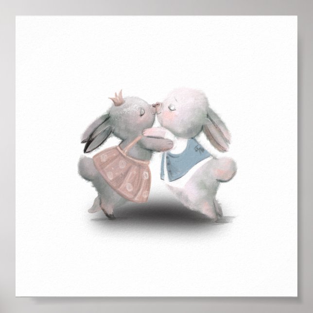 Affiche Deux Lapins Rose Et Bleu Mignons Et Doux (Devant)