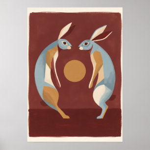 Affiche Deux lièvres bleus Lune dorée Art folklorique mode