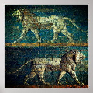 Affiche DEUX LIONS BABYLONIENS Art assyrien antique