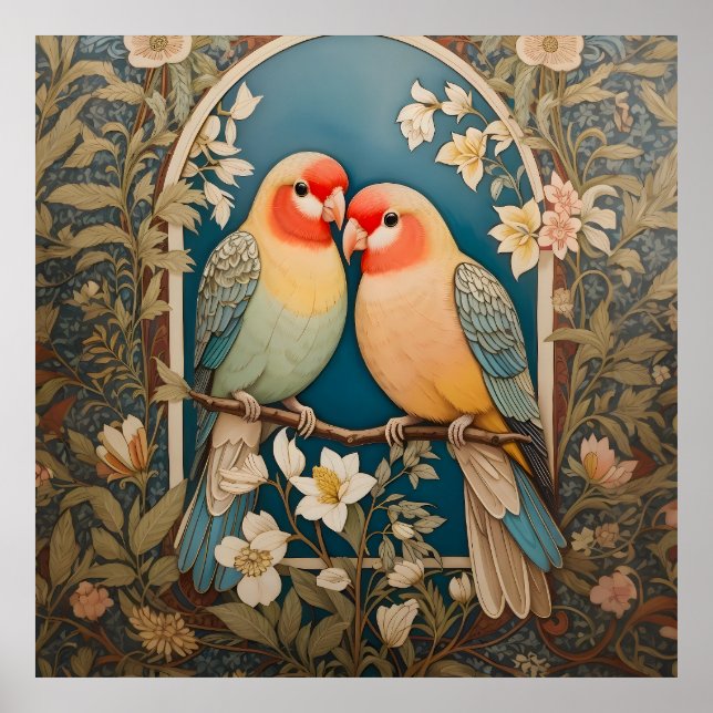 Affiche Deux Lovebirds Vintage Floral élégant (Devant)