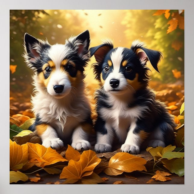 Affiche Deux mignons chiots qui jouent dans les feuilles d (Devant)