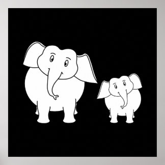 Affiche Deux mignons éléphants blancs sur le noir. Dessin.