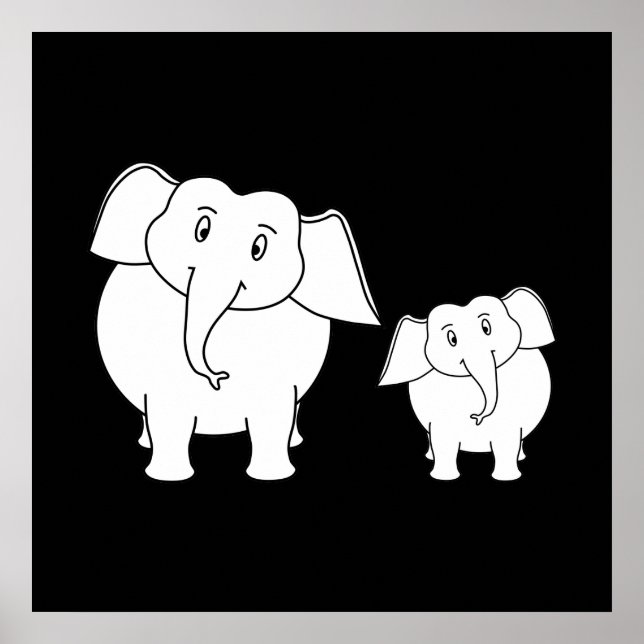 Affiche Deux mignons éléphants blancs sur le noir. Dessin. (Devant)