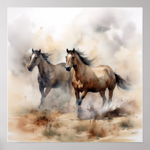 Affiche « Deux mustangs sauvages » Aquarelle occidentale p