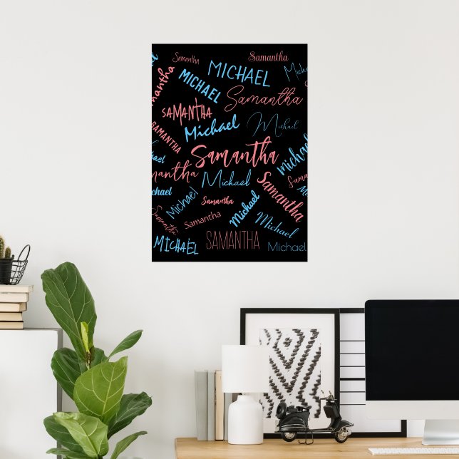 Affiche Deux noms couples motif monogramme bleu rose clair (Bureau à domicile)