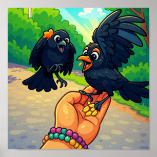 Affiche Deux oiseaux noirs se nourrissant à partir d'un de