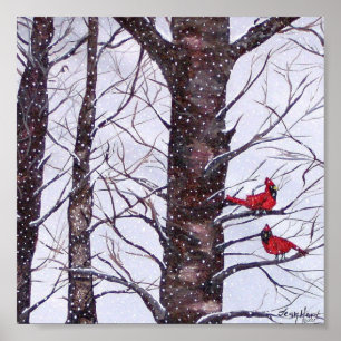 Affiche Deux oiseaux rouges en hiver