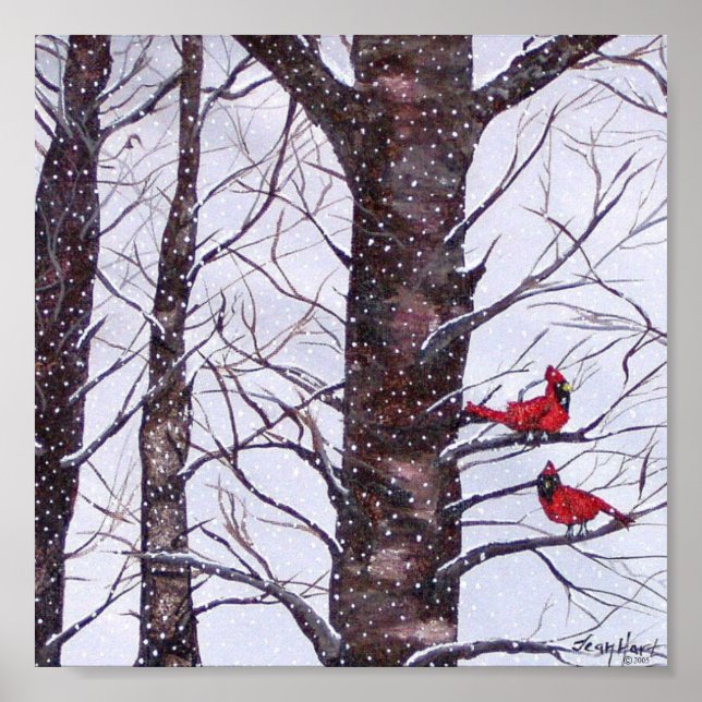 Affiche Deux Oiseaux Rouges En Hiver (Devant)