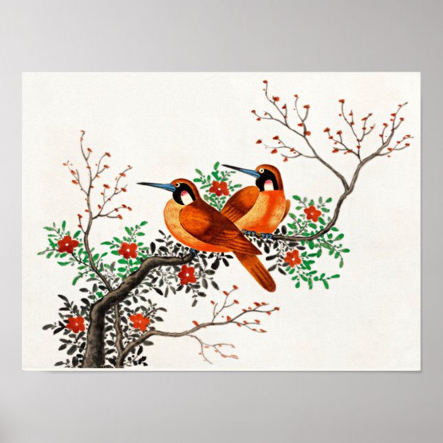 Affiche Deux oiseaux sur une branche de floraison (Devant)