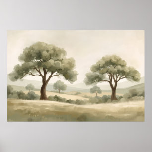 Affiche Deux oliviers Campagne ondoyante Aquarelle