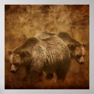 Affiche Deux ours grizzlis dans un cadre rustique