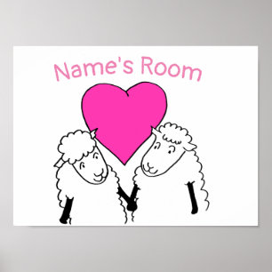 Affiche Deux petits moutons mignons avec un cœur rose