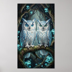 Affiche Deux sages hiboux blancs bleus anciens