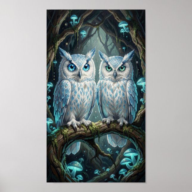 Affiche Deux sages hiboux blancs bleus anciens (Devant)