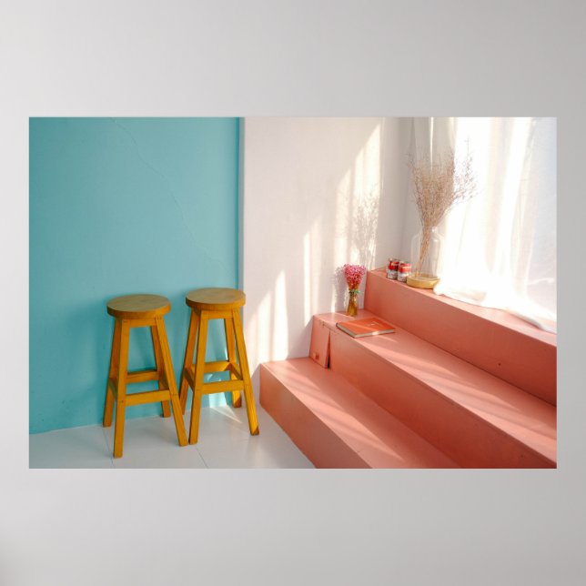 Affiche Deux tabourets de bar en bois jaune (Devant)