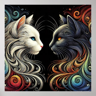 Affiche Deux visages de chats contrastés avec des tourbill