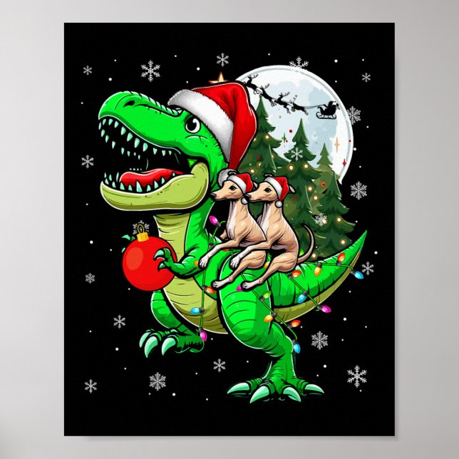 Affiche Deux Xmas Whippets équitation T-rex Reindeer Lover (Devant)