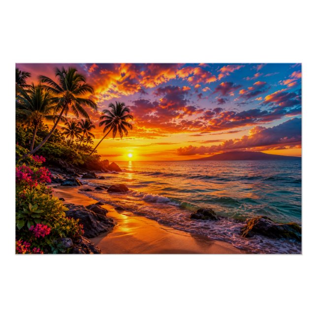 Affiche d'évasion au coucher de soleil océanique (Devant)