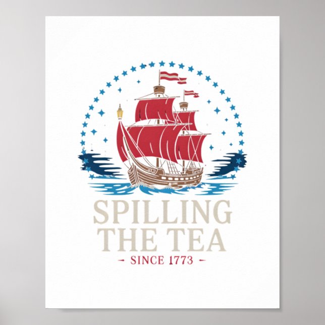 Affiche Déverser Le Thé Depuis 1773 Rouge Blanc Bleu Drôle (Devant)