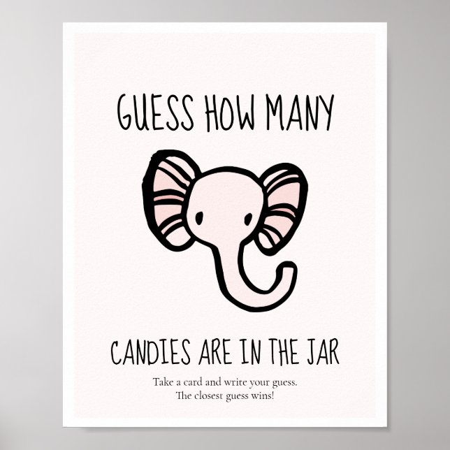 Affiche Devinez combien de Baby shower d'éléphant rose mou (Devant)