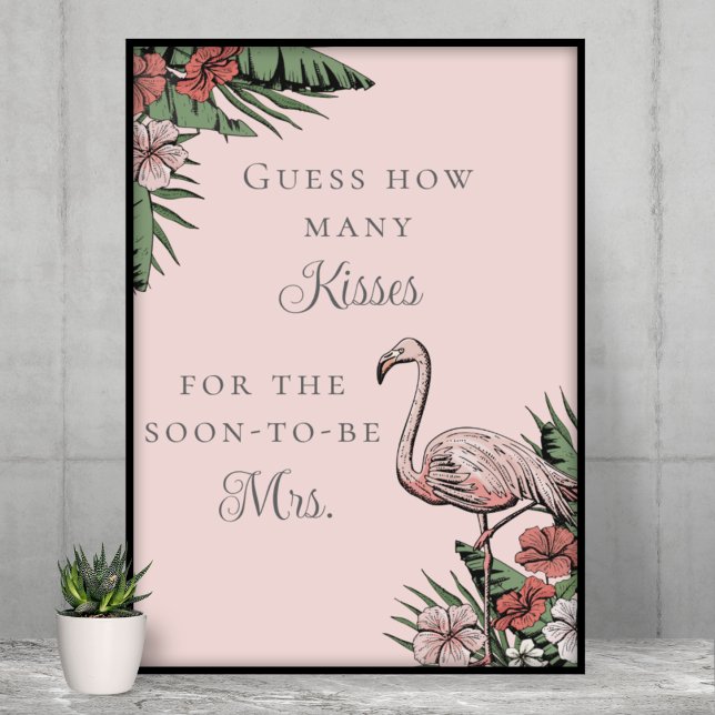 Affiche Devinez combien de baisers Fête des mariées tropic (Elegant Tropical Flamingo Bridal Shower Guess How Many Kisses Game. Pink Flamingo, Banana Leaves)