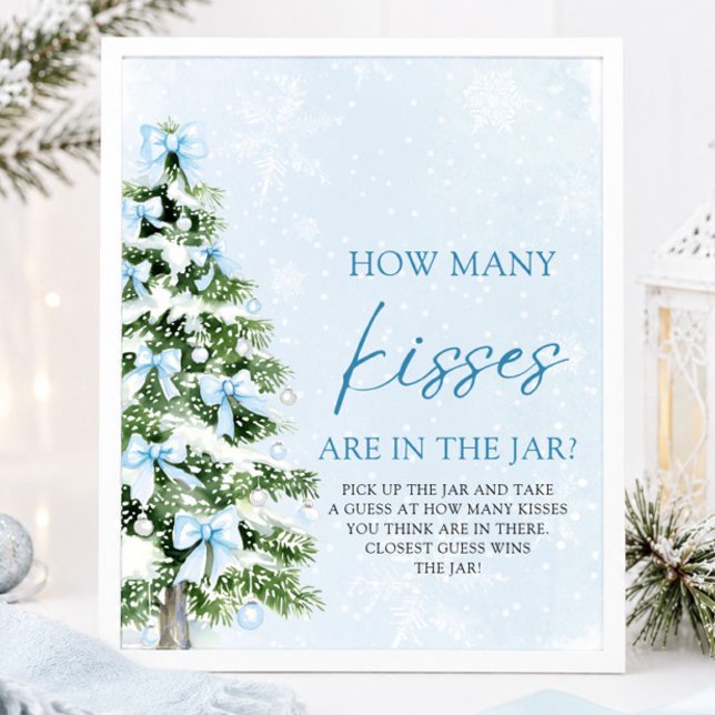 Affiche Devinez combien de baisers pour la Baby Shower de  (Blue Bows Christmas Guess How Many Kisses Baby Shower Game Sign)
