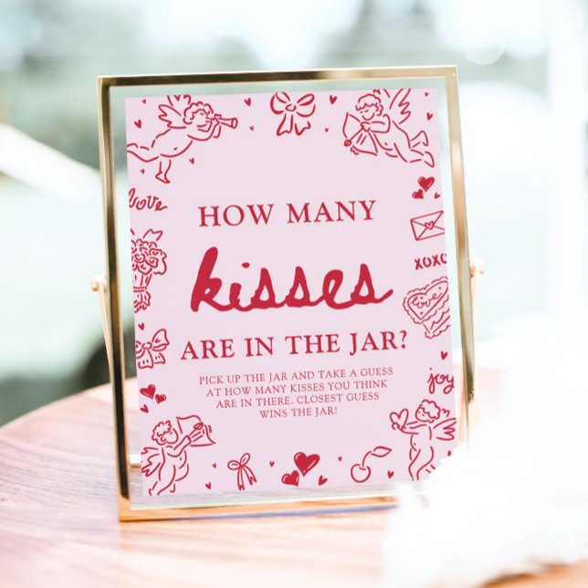 Affiche Devinez combien de bisous pour la Saint-Valentin B (Pink Valentine Guess How Many Kisses Baby Shower Game Sign)