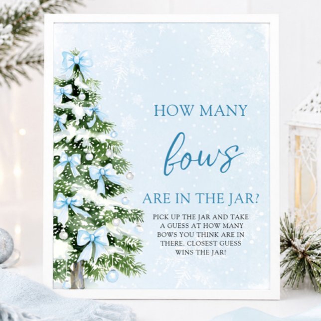 Affiche Devinez combien de nœuds pour le bébé à Noël (Blue Bows Christmas Guess How Many Bows Baby Shower Game Sign)