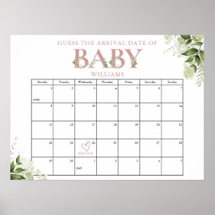 Affiche Devinez la date d'arrivée Baby Shower Rose verdure