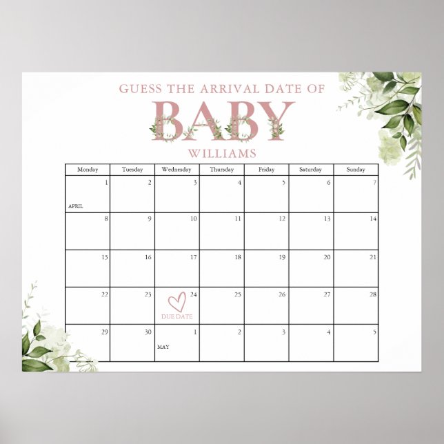 Affiche Devinez la date d'arrivée Baby Shower Rose verdure (Devant)