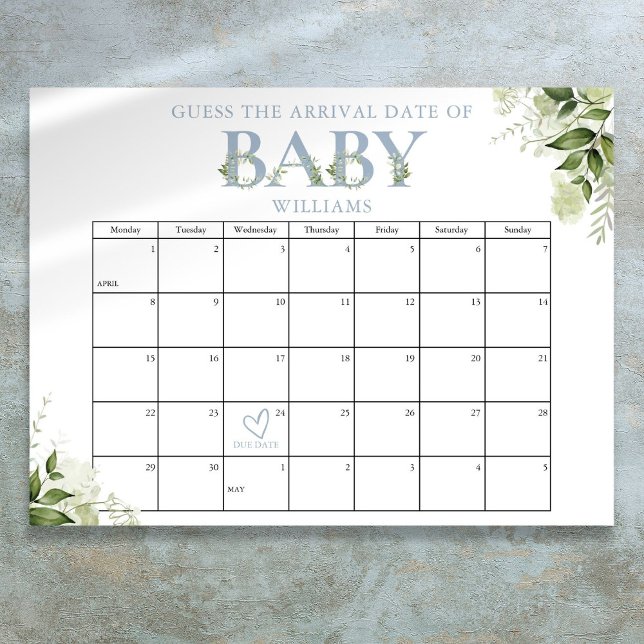 Affiche Devinez La Date D'Arrivée Baby shower Vert Bleu (Guess The Arrival Date Greenery Blue Baby Shower Poster)
