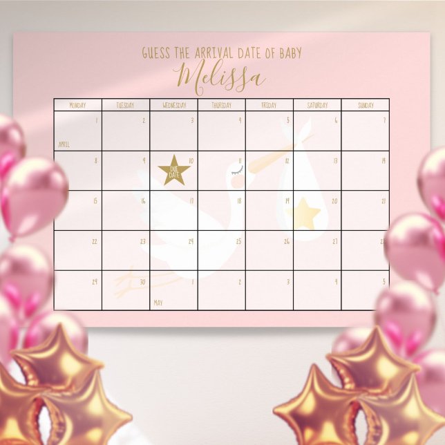 Affiche Devinez La Date D'Échéance Calendrier Baby shower  (Guess The Due Date Calendar Pink Baby Shower Game Poster)