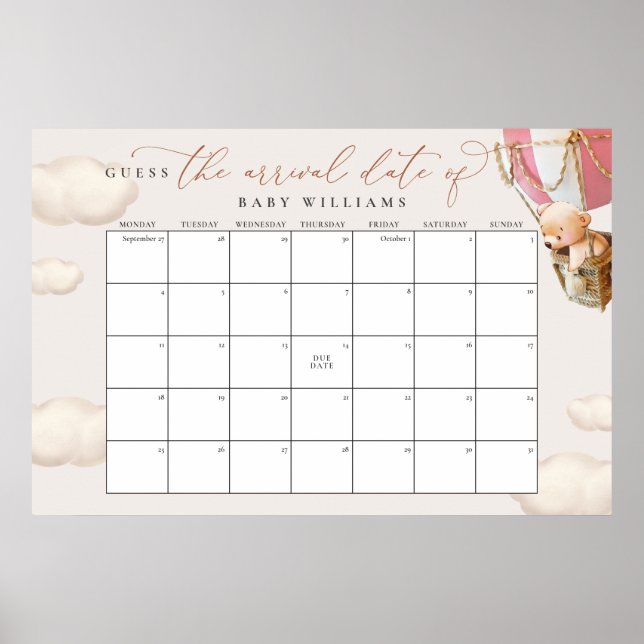 Affiche Devinez La Date D'Échéance Calendrier Ours Rose (Devant)