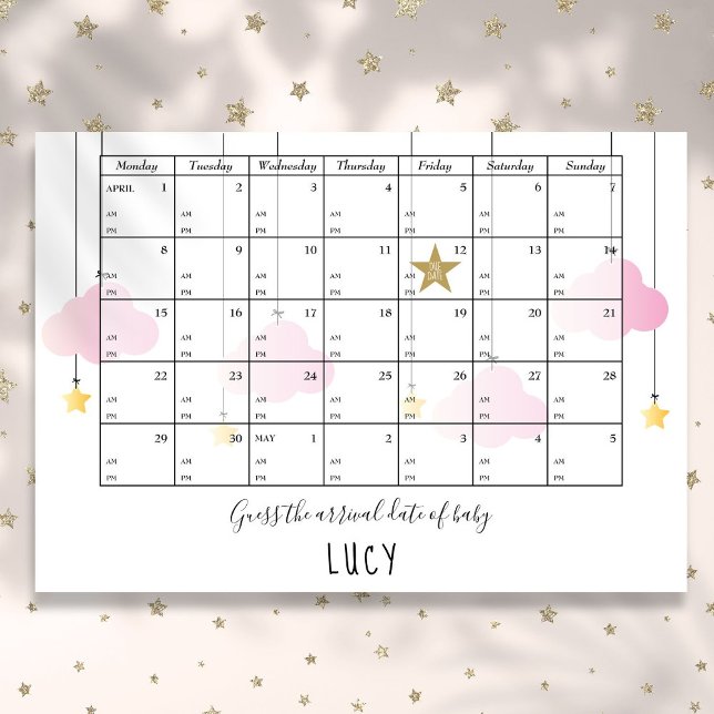 Affiche Devinez la date et l'heure prévues pour la naissan (Guess The Due Date And Time Stars Baby Shower Game Poster)