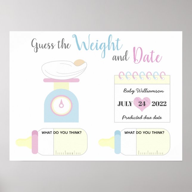 Affiche Devinez le poids et la date du jeu de baby shower (Devant)