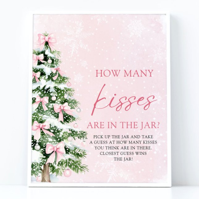 Affiche Devis Noël Combien de baisers Baby shower (Pink Bows Christmas Guess How Many Kisses Baby Shower Sign)